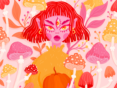 Mushroom Magic 🍄✨ autumn draw this in your style dtiys fall fall colors flat design girl illustration magic mushroom orange pink pretty procreate pumpkin vector illustration vibes warm colors witch yellow