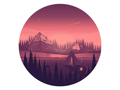 Camping in the mountains camping firecamp forest illustration mountains river tent