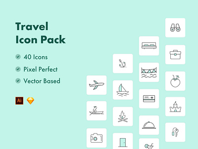 Travel Icons bannerdsign boating campfire cruse enjoying family figma holiday holidays hubspot iconography iconpack icons illustrations motiondesign plane promotion sketch surfing travel