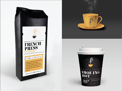 French Press Coffeehouse Proposed Rebrand black and gold cafe coffee cup fleur de lis french press new orleans packaging retail yellow