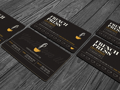 French Press Coffeehouse Proposed Rebrand black and gold business card cafe coffee fleur de lis french press loyalty new orleans punch card rounded yellow