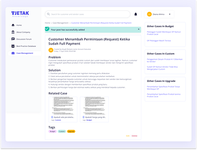 Case Management - Knowledge Management System - Post View article article page breadcrumbs case case design document file knowledge knowledge base knowledgebase news newsfeed post success message suggestion tags