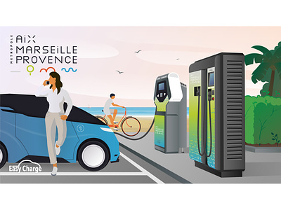 EV charger design for Aix Marseille Provence 2d beach charging e mobility electric ev ev charger green illustration illustrator marseille provence vector