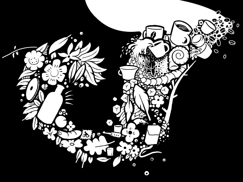 J coffee vodka leaf flower bw illustration
