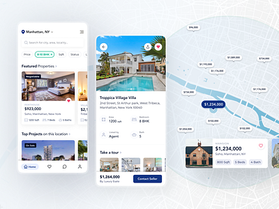 Real Estate Mobile App apartment app app design cards design detail page filter home screen house interface maps mobile app mobile ui property real estate realestate renting search ui