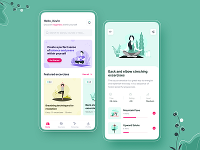 Yoga App calm cards concept design detail page fitness graphic healthy icons illustration interface meditate mindfulness mobile app mobile ui relax shadow yoga
