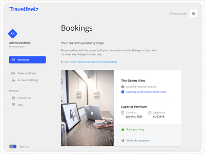 Travelfeelz- Upcoming Booking Dashboard adobe xd adventure booking branding couples design designer enjoy entertaining fun hotels logo stays travel travelling typography ui upcoming user interface ux