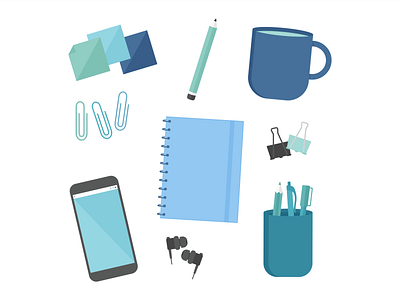 Day 4 - 366 Days of Illustration Challenge - MintSwift binder clip flat design flatdesign headphones icon icon design illustration illustrations illustrator mintswift mobile phone mug notebook paper clip pencil phone sticky notes vector