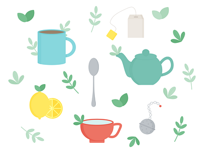 Day 33 - 366 Days of Illustration Challenge - MintSwift flat design flat illustration flatdesign illustration illustrations illustrator leaf leaves lemon loose leaf tea mintswift mug spoon tea tea set teabag teaball teacup teapot vector