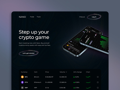 Landing page for a crypto trading mobile app app design bitcoin chart colourful crypto cryptocurrency dark mode ethereum holographic investing mobile app mockup modern product design trading uiux web design website