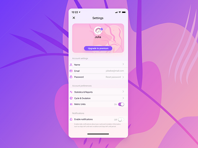 Period Tracker Settings - DailyUI 007 app challenge dailyui dailyui007 dailyuichallenge feminine figma mobile periodtracker pink purple screen