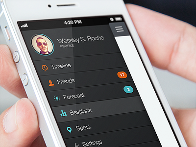 Glassy App Menu app basement hamburger icons ios iphone list menu mobile profile sports surf