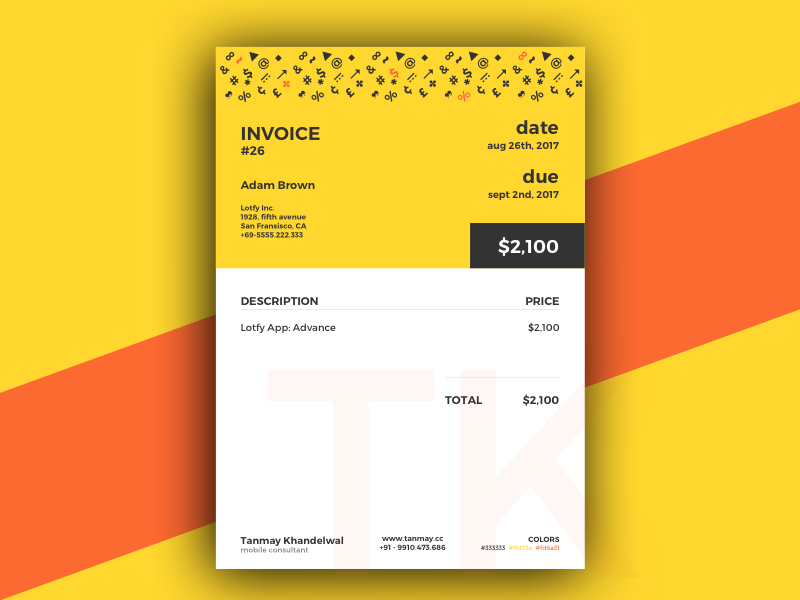 Invoice Template account book consultant yellow pattern money dollar milestone payment client invoice