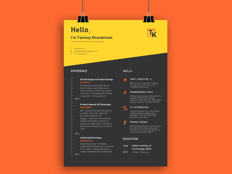 Personal Resume (Curriculum Vitae - CV) resume cv profile freelance developer skills experience education curriculum vitae