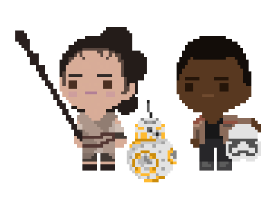 The golden Trio droid bb-8 finn rey pixelart art pixel cute starwars wars star