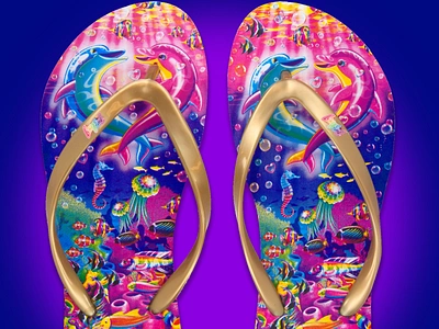 Lisa Frank Flip Flops 80s 90s apparel bright color colorful design fashion flip flops footwear licensed character licensing product product design retro shoe shoe design