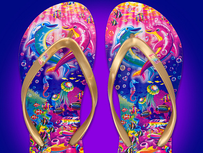 Lisa Frank Flip Flops 80s 90s apparel bright color colorful design fashion flip flops footwear licensed character licensing product product design retro shoe shoe design