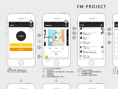 Interface for FM app fm interface iphone orange prd social wireframe