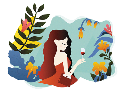 Girl &Wine&flower design illustration