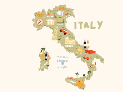 map of Italy adobe illustrator cartography cartoon map colorful colors design illustrated map illustration italy map map of italy maps travel vector