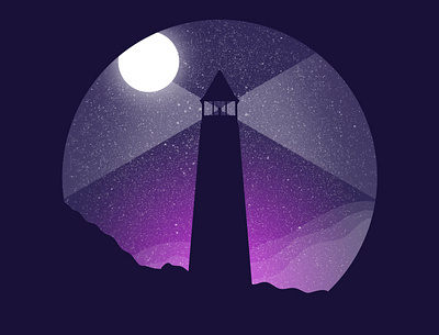 Lighthouse at night. airbrush circle design drawing fog illustration ipad light lighthouse mist monoline moon night procreate purple shadow star starry stars tutorial