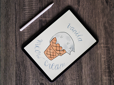 Vanilla meow cream animal apple pencil calligraphy cat cone cream crispy ice cream ipad kitty lettering meow passion procreate sketch table vanilla watercolor watercolour wood