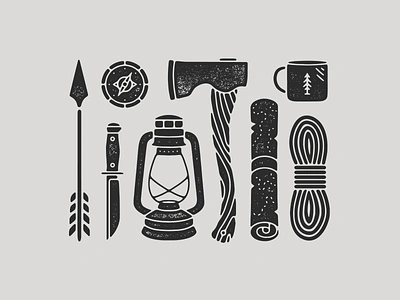 Adventure Gear adventure arrow axe compass illustration knife lantern map nature outdoors print travel