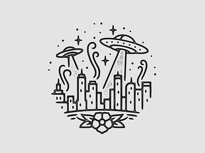 UFO Attack alien illustration linework monoline print tattoo ufo