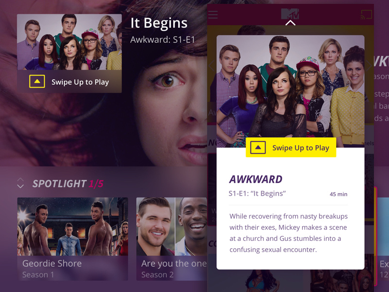Preview Card for 2nd Screen purple tv tvos cast swipe ux mtv mobile second screen ui