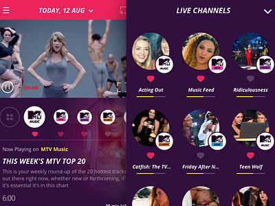 EPG Channel Page; Live Channels Selector epg guide mobile mtv purple schedule timeline tv