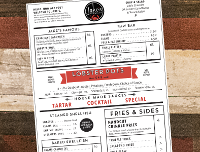 Jake's Downtown Seafood Restaurant branding design menu