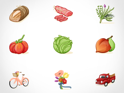 Farmers' Market Icons bicycle bread classic truck heirloom tomato herbs icons illustration lettuce peach salami vector wildflowers