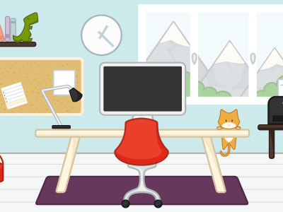 Office Background Illustration cat chair character design clock corkboard flat design illustration mac mountain office t rex vector