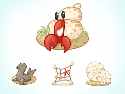 Hermann's New House beach character design fishing net hermit crab illustration sand dollar seal vector