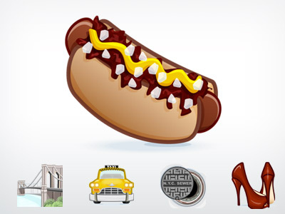 The Big Apple bridge brooklyn bridge food heels hot dog icons illustration manhole new york packrat sewer shoes taxi vector