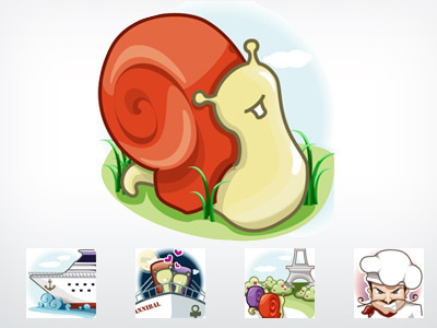 Come Snail Away character design chef cruise evil france icons illustration love mustache packrat romance snail titanic vector