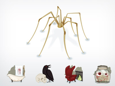 Frightmare Mansion bathtub chair character design eyeballs halloween icons illustration packrat raven shower skull spider