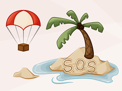 Ember.js - Stuck desert island ember illustration palm tree parachute sos supplies vector water