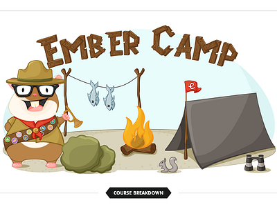 Ember Camp badge binoculars bugle bush camp character design fire fish flag illustration mascot scout sign squirrel tent vector wood