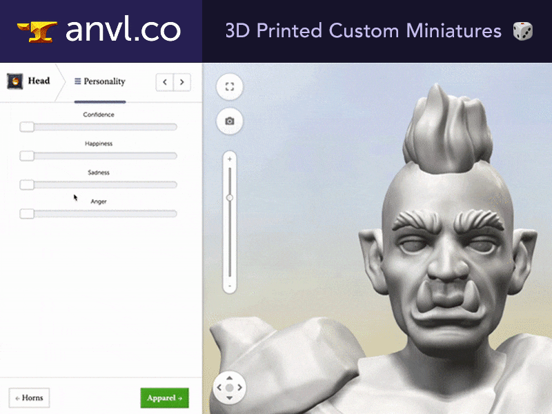 Custom Miniature Facial Expressions - Anvl.co 3d modelling 3d printing anvl app custom miniatures custom minis dnd dungeons and dragons emotions fantasy miniatures personality roleplaying rpg sliders tabletop figurines tabletop gaming tabletop rpg wargaming