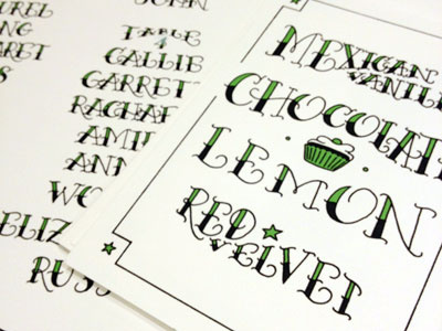 Cupcake Flavors, Printed dinner illustration lettering rehearsal tattoo wedding