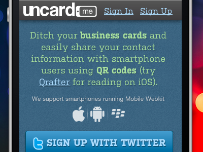 uncard Homepage android blue grey mobile twitter uncard web app webkit