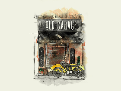Old Garage Surf Shop cafe racer design graphics illustration motorbike surf tee design tshirt tshirt design watercolor