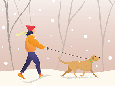 Girl walking with dog in winter