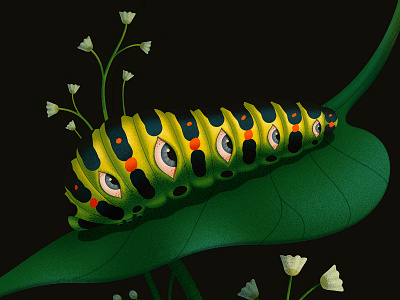 Caterpillar adobe animal close up creepy dissolve eyes floral illustration surreal texture vector weird