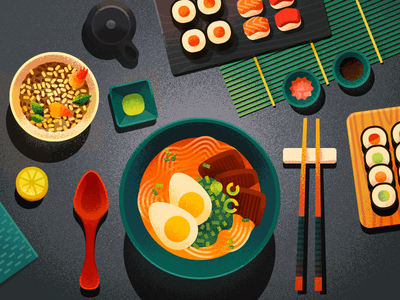 Ramen! 2d amen anano dissolve eat food japanese ramen sushi table texture topview