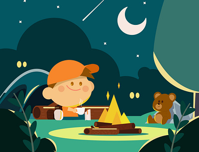 Bizoo in the Woods boy drink fire camp flat illustration kid motion motion graphics night summer teddy bear trees warm woods
