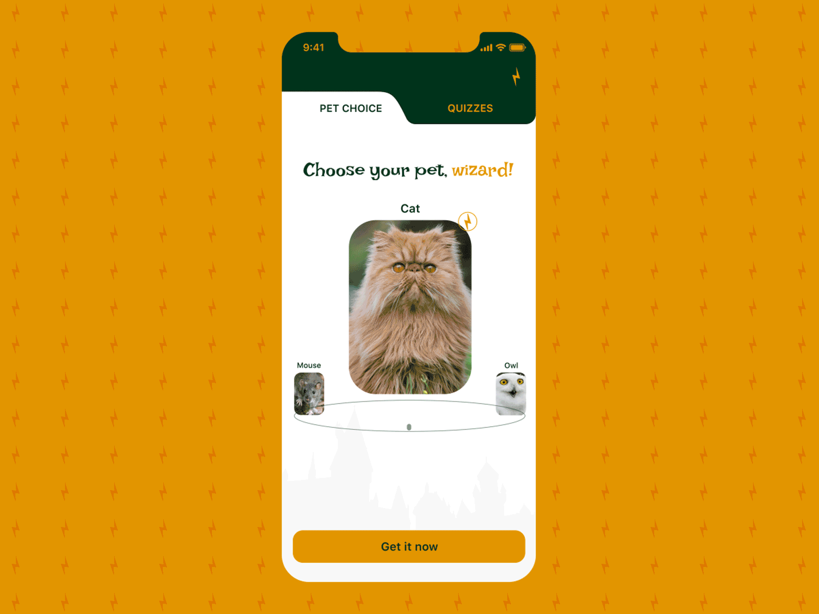 Choose your pet! animation app design flat harry potter hogwarts minimal quiz ui