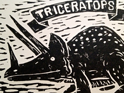 Triceratops analog black dinosaur illustration linocut linoprint triceratops