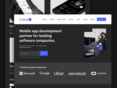 Creed - App Development Company Landing Page app development company branding dark landing page dark theme landing page design sells page design website design website development